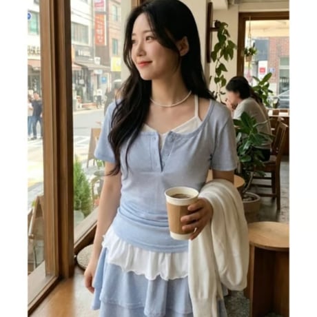 28ドット柄ヘンリーネックハーフスリーブTシャツ