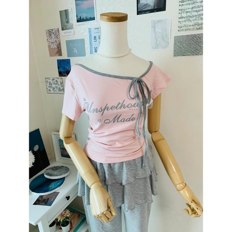 26/8020Made配色リボンアシンメトリーTシャツ