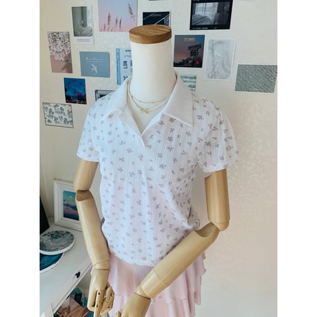 48小花柄配色襟Tシャツ
