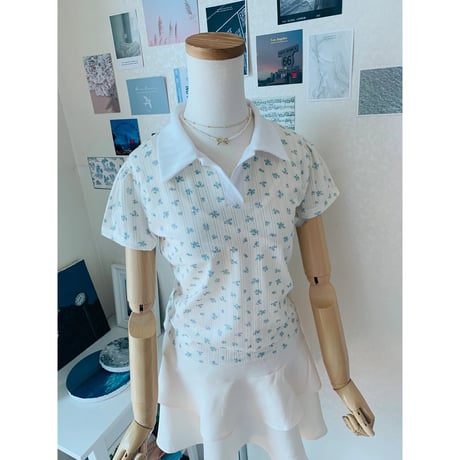 48小花柄配色襟Tシャツ