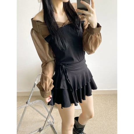 2オフショルダーリブ配色シャツ