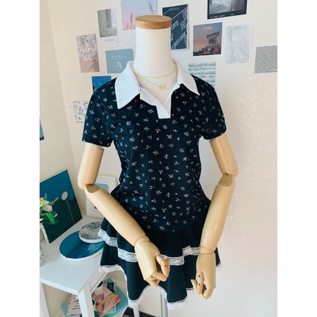 48小花柄配色襟Tシャツ