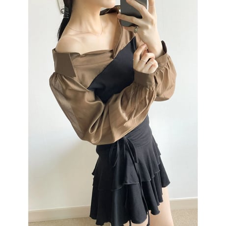 2オフショルダーリブ配色シャツ