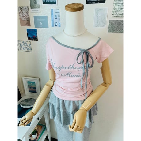26/8020Made配色リボンアシンメトリーTシャツ