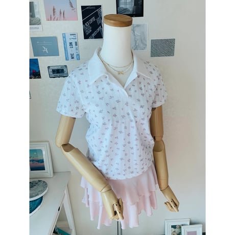 48小花柄配色襟Tシャツ