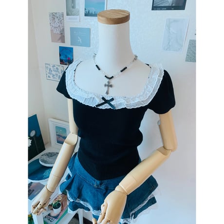 3レースフリルUネックハーフスリーブニット