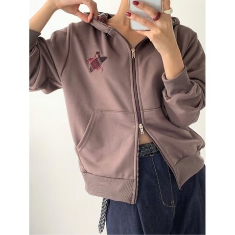 79Purplegray星チェックフードパーカー