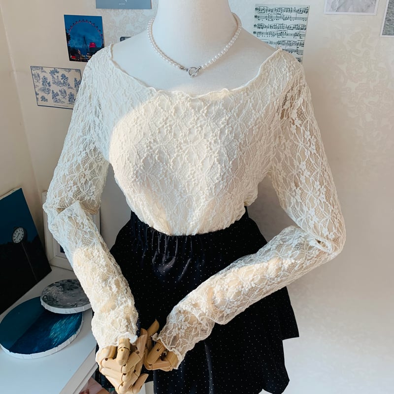 美品♡近年♡ルネ レース ボリュームスリーブ ニット ホワイト 34 34ビーナスレースボートネックロングスリーブ | 4every