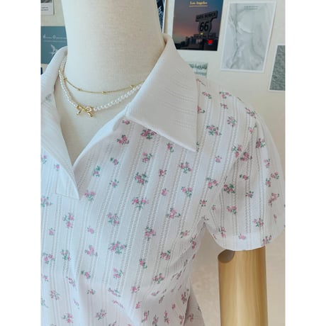 48小花柄配色襟Tシャツ