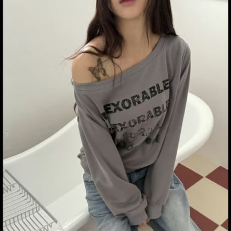 370PurplegrayレターリングオフショルダーMTMスウェット