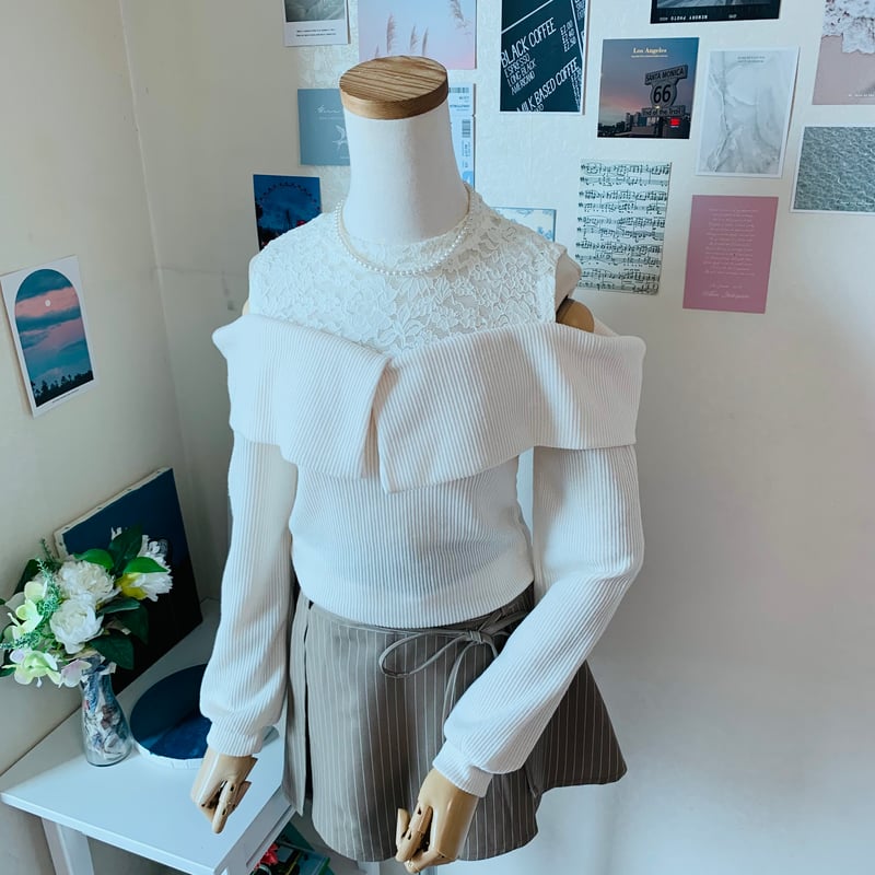 8ﾚｰｽ配色肩開きﾛﾝｸﾞｽﾘｰﾌﾞ | 4every