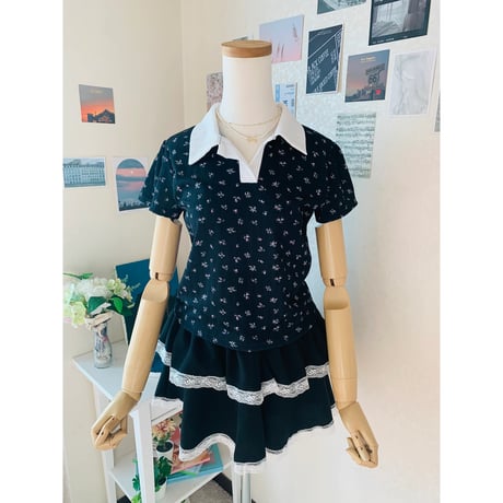 48小花柄配色襟Tシャツ