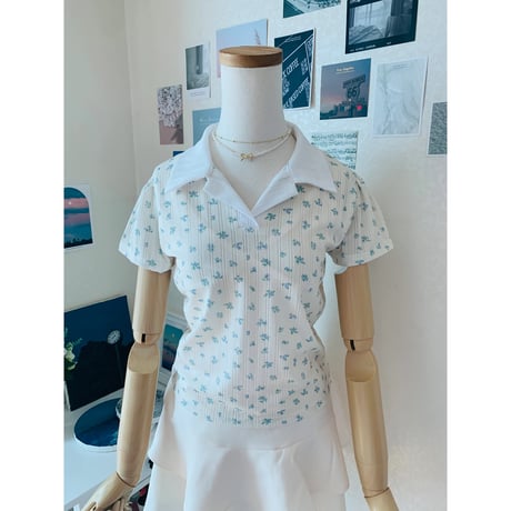 48小花柄配色襟Tシャツ