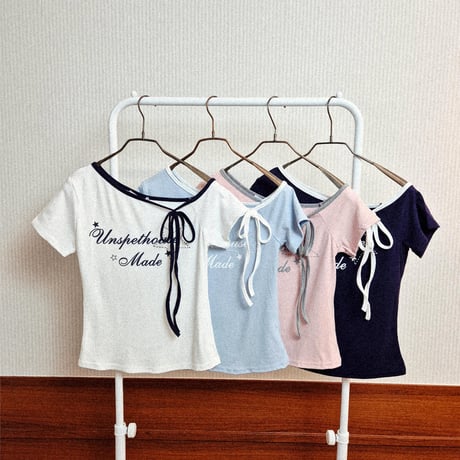 26/8020Made配色リボンアシンメトリーTシャツ