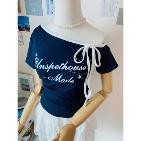 26/8020Made配色リボンアシンメトリーTシャツ