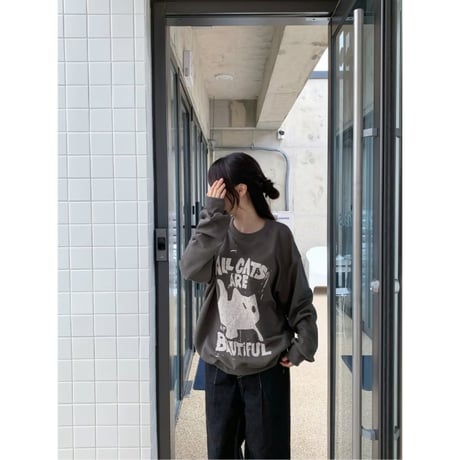 13PurplegrayオールキャッツオーバーフィットMTMスウェットトップス