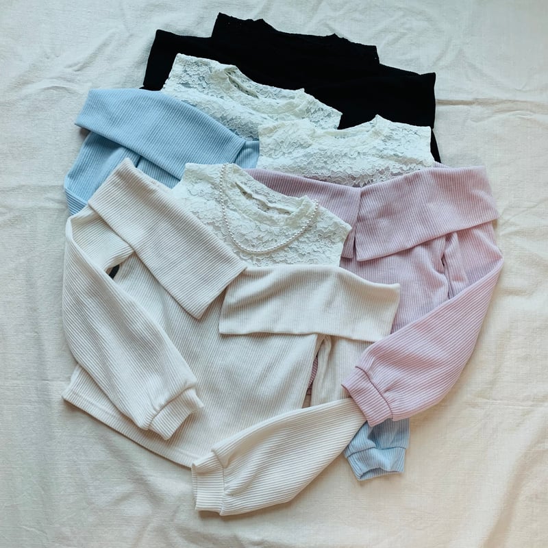 8ﾚｰｽ配色肩開きﾛﾝｸﾞｽﾘｰﾌﾞ | 4every