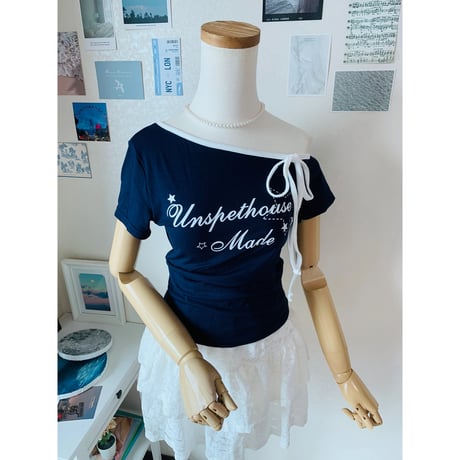 26/8020Made配色リボンアシンメトリーTシャツ