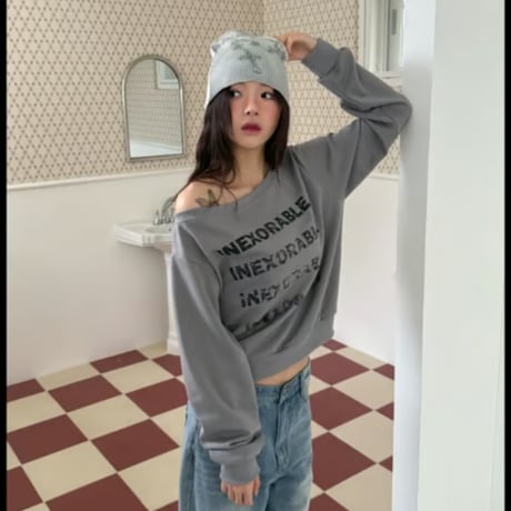370PurplegrayレターリングオフショルダーMTMスウェット