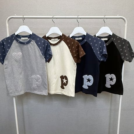 Purplegray144★ラグラン刺繡ハーフスリーブTシャツ