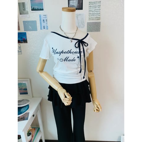 26/8020Made配色リボンアシンメトリーTシャツ