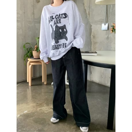 13PurplegrayオールキャッツオーバーフィットMTMスウェットトップス