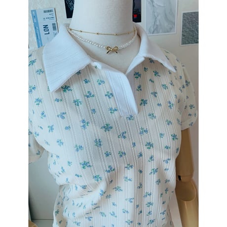 48小花柄配色襟Tシャツ