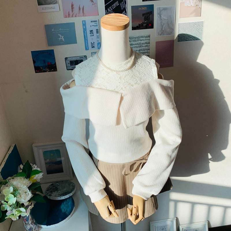 8ﾚｰｽ配色肩開きﾛﾝｸﾞｽﾘｰﾌﾞ | 4every