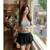 46/5017リボンレースラウンドネック（パッド入り）Tシャツ