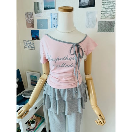 26/8020Made配色リボンアシンメトリーTシャツ