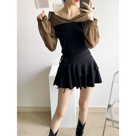 2オフショルダーリブ配色シャツ
