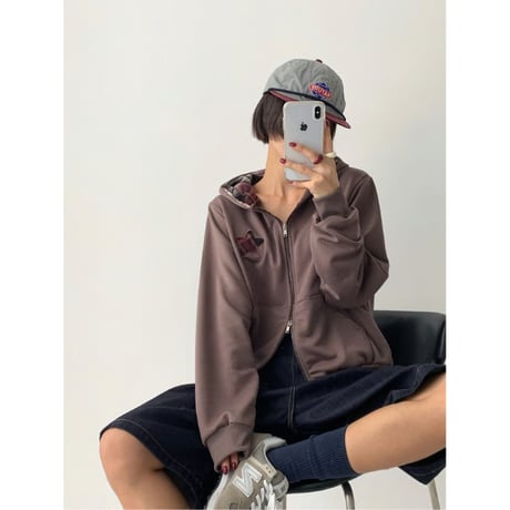 79Purplegray星チェックフードパーカー