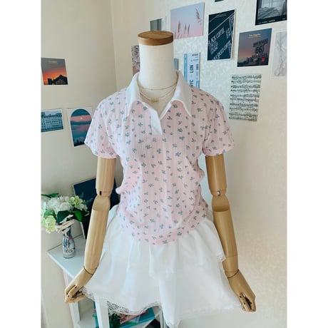 48小花柄配色襟Tシャツ