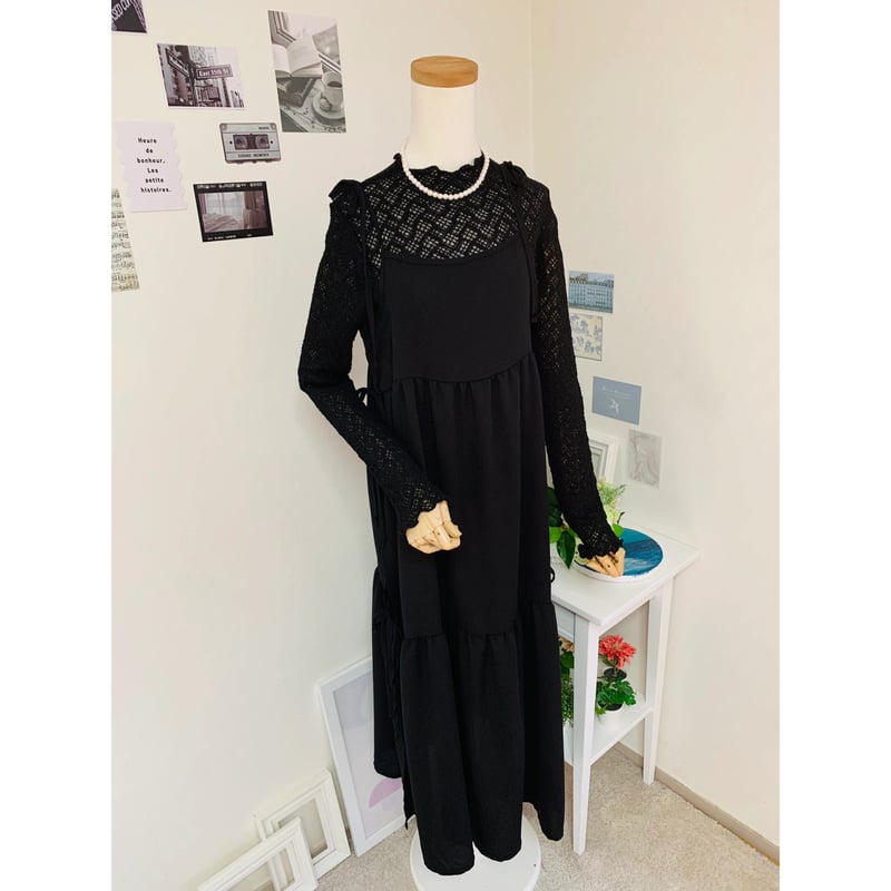 bibiy リボン ワンピース リボン付き黒レースキャミワンピース bibiy