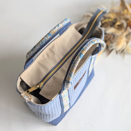 【展示品】フランス生地と倉敷帆布のしっかりトートバッグorランチバッグ  ブルー＆スカイグレー