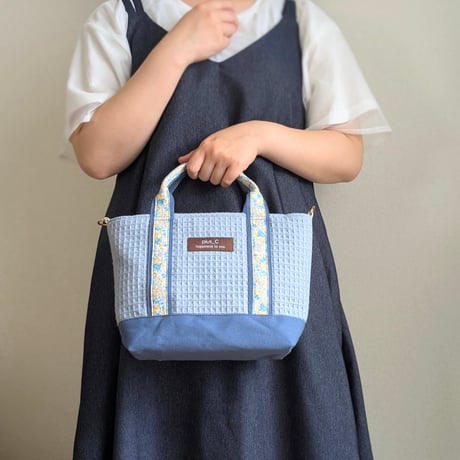 【展示品】フランス生地と倉敷帆布のしっかりトートバッグorランチバッグ  ブルー＆スカイグレー