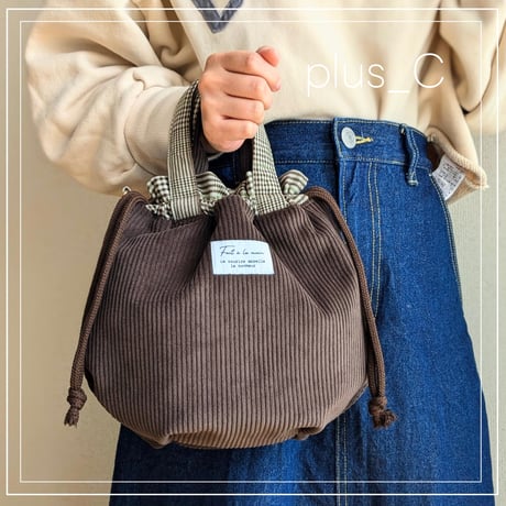 【sold out】 2way コーデュロイ 巾着 ハンドバッグorショルダーバッグ ブラウン
