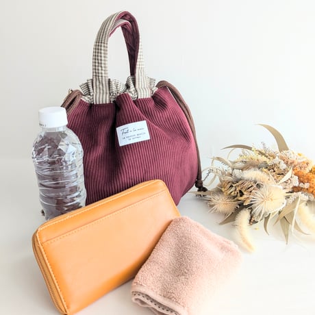 【sold out】 2way コーデュロイ 巾着 ハンドバッグorショルダーバッグ ブラウン
