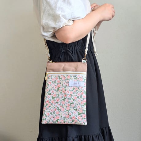 長財布が入るスマホショルダー 【size L】ピンク＆ライトシナモン