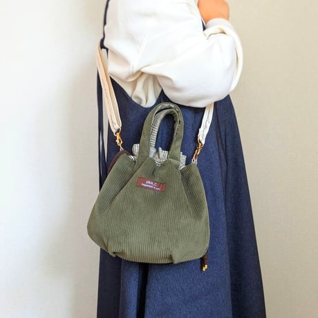 【sold out 】 2way コーデュロイ 巾着 ハンドバッグorショルダーバッグ グリーン