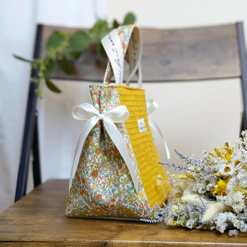 フランス生地のサイドリボンバッグ イエロー | plus_C