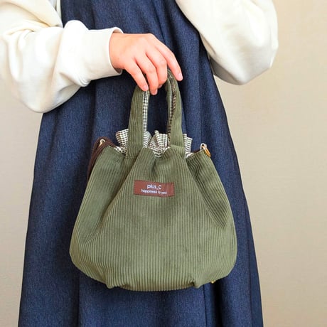 【sold out 】 2way コーデュロイ 巾着 ハンドバッグorショルダーバッグ グリーン