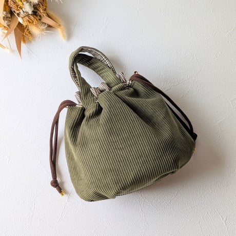 【sold out 】 2way コーデュロイ 巾着 ハンドバッグorショルダーバッグ グリーン