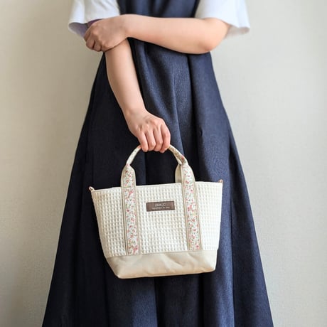 【展示品】フランス生地と倉敷帆布のしっかりトートバッグorランチバッグ  ホワイト＆アイボリー