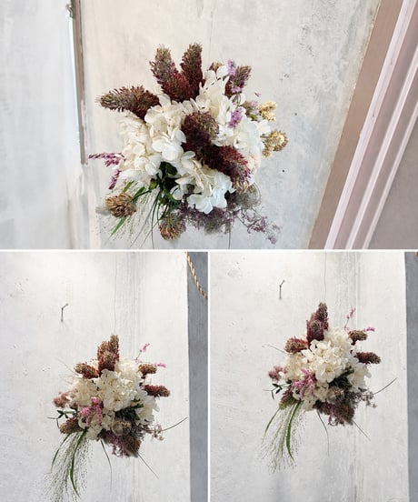 白紫陽花とくすみの吊るすリース