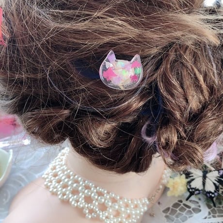 ピンクのお花と猫ちゃん（ネコにゃん）ポニーフック　ヘアゴム　ヘアアクセサリー