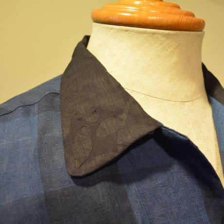 kenneth field open collar shirt -indigo block check-