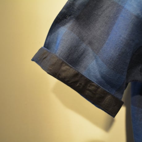 kenneth field open collar shirt -indigo block check-
