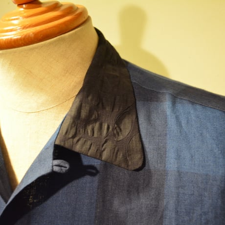 kenneth field open collar shirt -indigo block check-