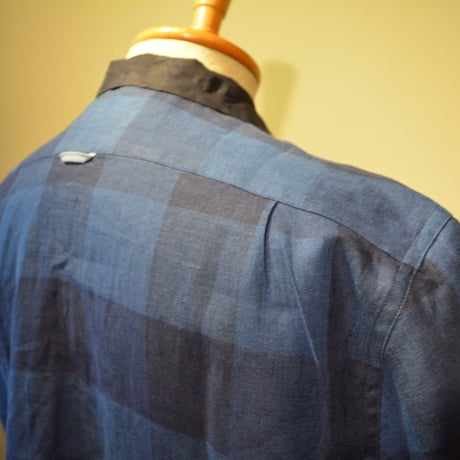 kenneth field open collar shirt -indigo block check-